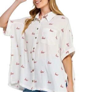 Sage + Fig Large “love” Off White and Red Button-Up Top